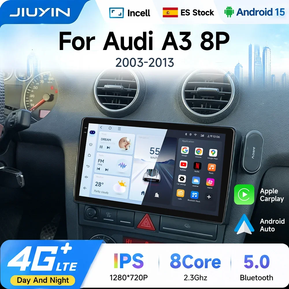 JIUYIN 9" Android Auto-Multimedia-Radio mit Wireless CarPlay für Audi A3 8P RS3 2003-2012, Video-Player, Audio-Auto-Stereo, GPS-Navigationsbildschirm
