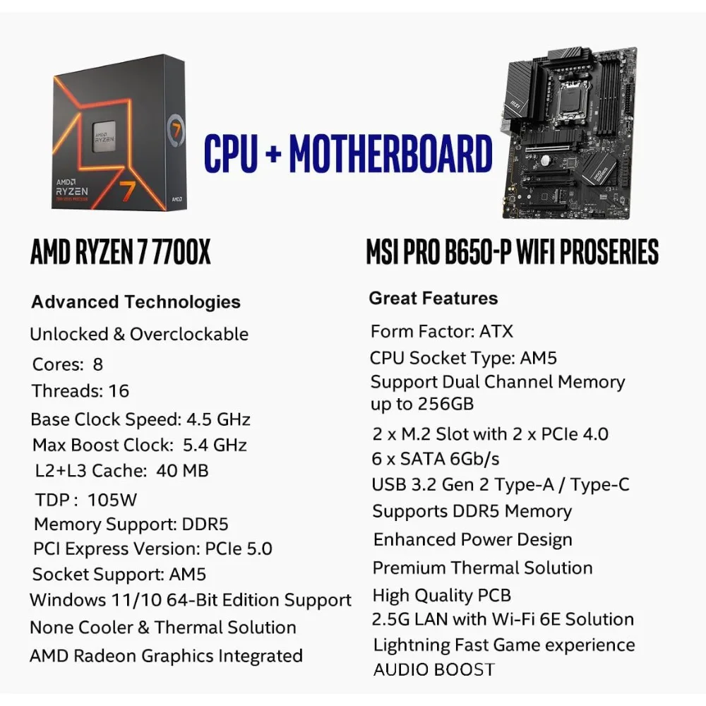 اللوحة الأم MSI PRO B650-P WiFi مع معالج سطح المكتب AMD Ryzen 7 7700X 6-Core