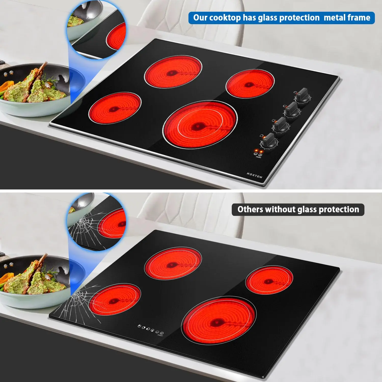Noxton 30인치 4버너 전기 쿡탑, 내장형 30인치 복사 전기 세라믹 스토브 상판, 220-240v, 플러그 없음, 하드 와이어