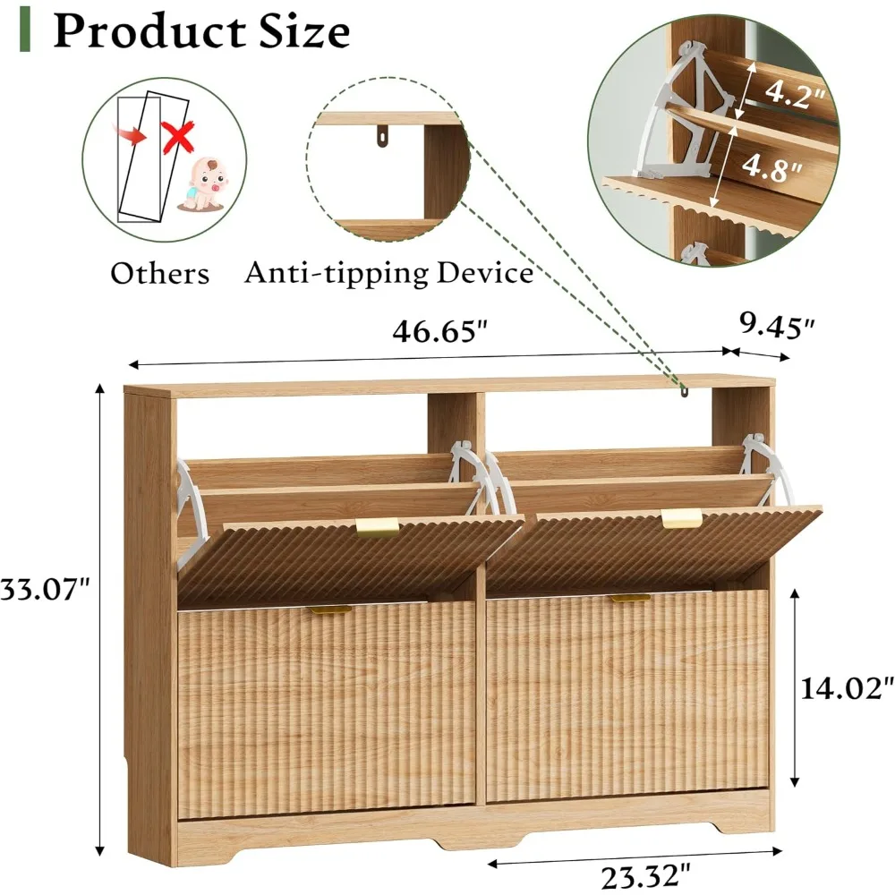 Shoe Storage Cabinet with 4 Flip Drawers, Narrow Wood Shoe Rack for Entryway, Hallway, Foyer, Oak