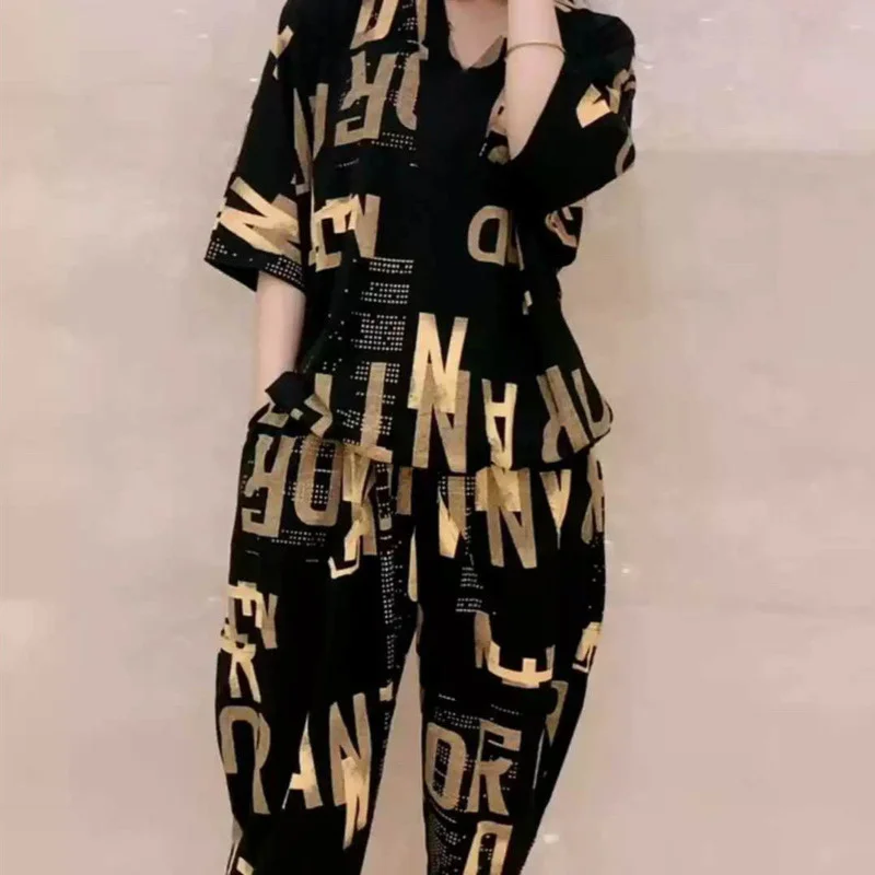 Garnitur damski 2024 Summer New Casual Korean Loose Print Tops Harem Pants 2-Pice Set Matching Trendy Plus Size Odzież dla kobiet