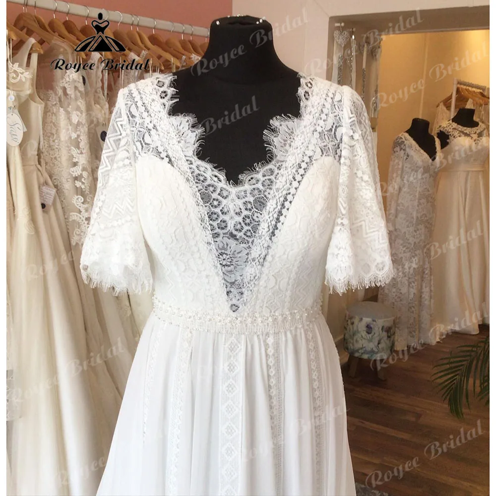 Elegante abito da sposa a maniche corte Boho in pizzo Chiffon con scollo a V bohémien per la sposa 2024 abito da sposa per donna robe de mariee boheme