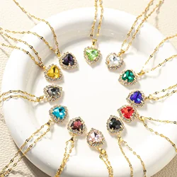 Stainless Steel Chain Classic Shiny Colorful Zircon Love Heart Pendant Necklace for Women Cute Simple Jewelry Accessories Gifts