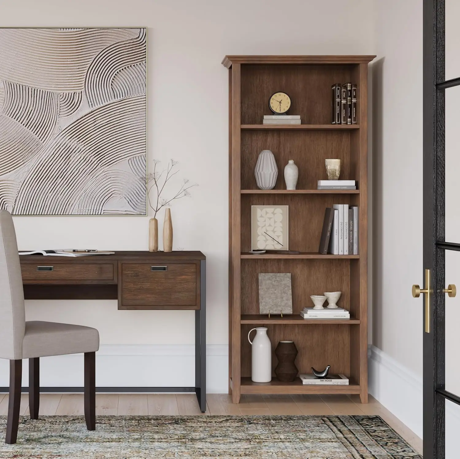 Solid Wood 30 Inch Wide Transitional 5 Shelf Bookcase in Rustic Natural Aged Brown for The Living Room