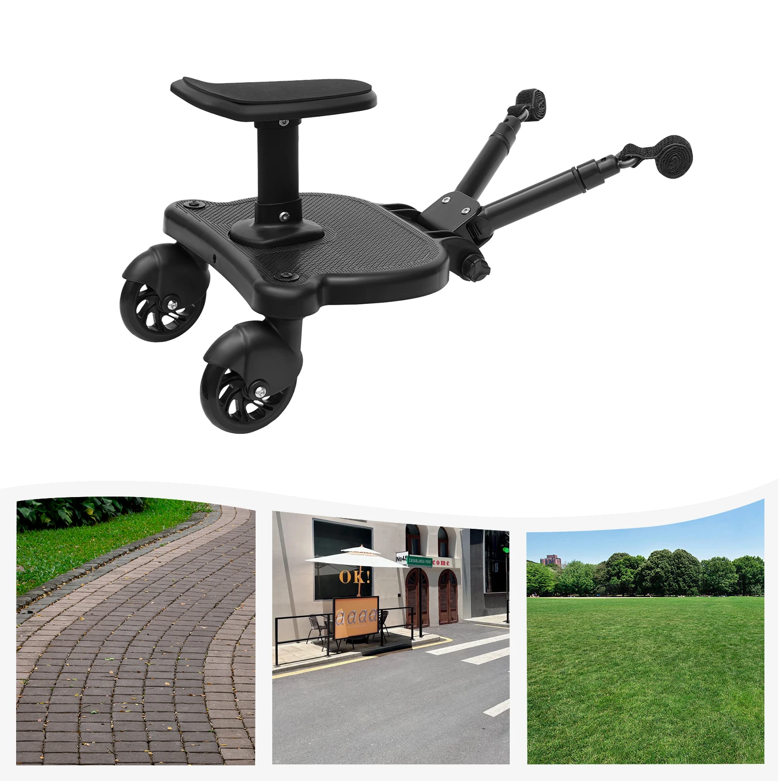 

Stroller Board Black 2-in-1 Design with Removable Seat Bear-shaped Board Riding Strollers for 3-7 Years Old Children