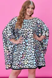 Plus Size Silver Party Batwing Sleeves Silver Laser Mirror Sequin  Mini Dress