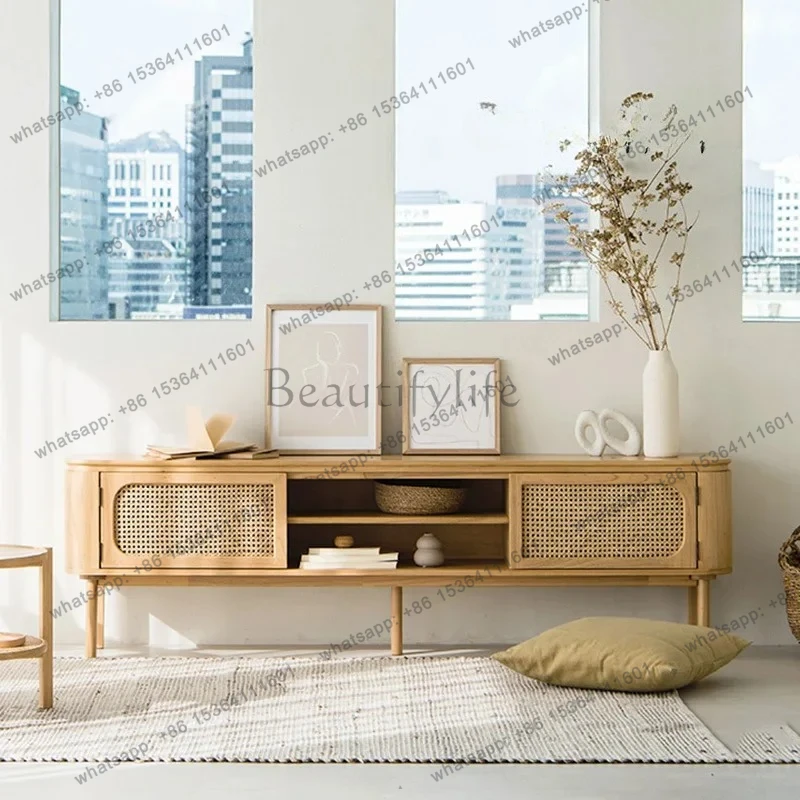 TV cabinet small apartment living room floor audio-visual cabinet  Nordic medieval style solid wood rattan