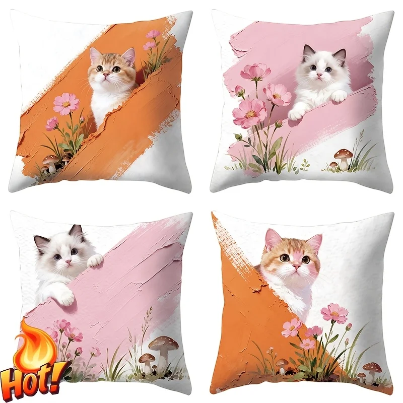 

1/4pcs Cute Cat Floral Oil Painting Throw Pillow Covers Soft Decorative Cushion Cases for Sofa Bedroom Cushion cover