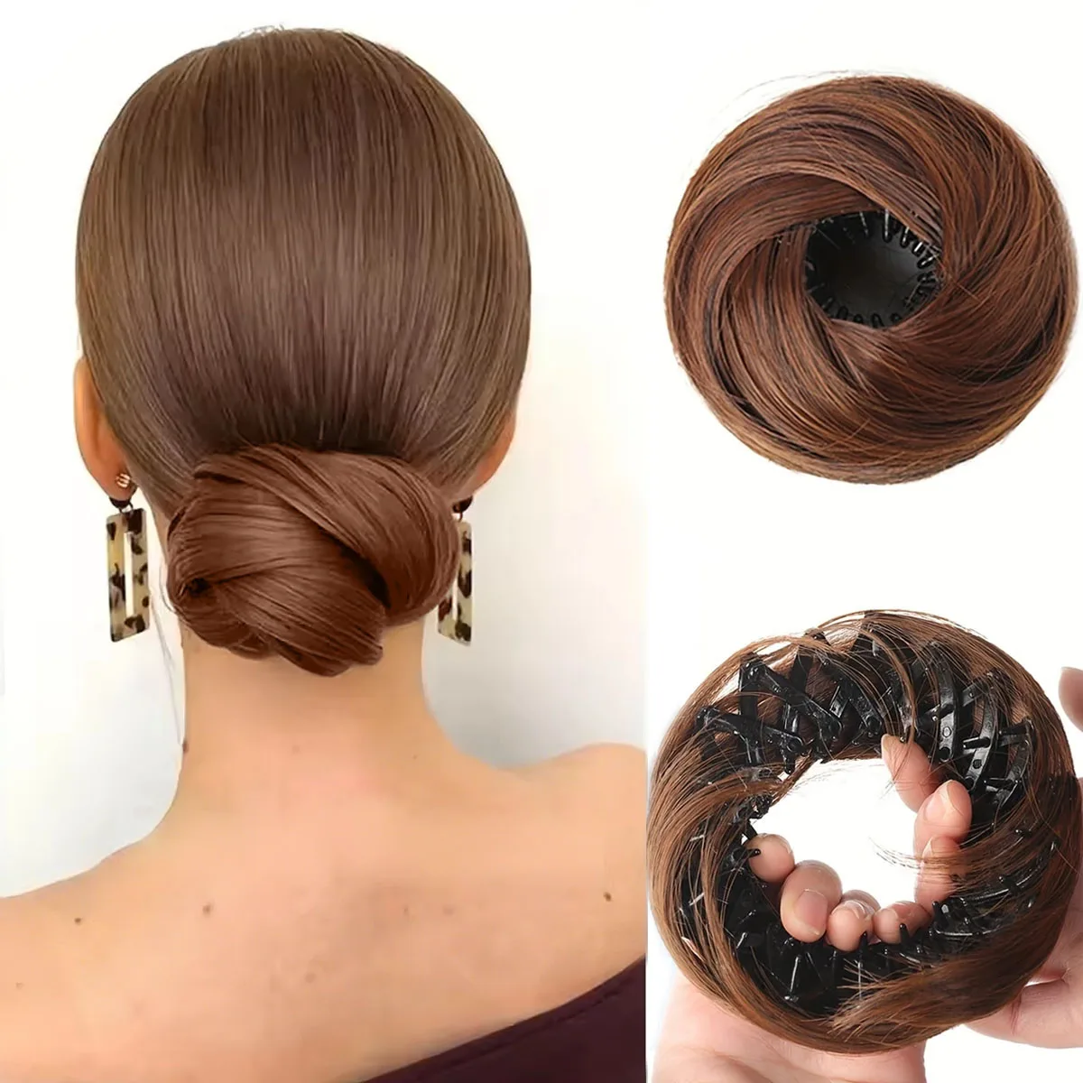 

1PC Synthetic Hair Bun With Circle Elastic Clips Straight Donut Updo Hair Wig Bird's Nest Shaped Retractable bun for Women