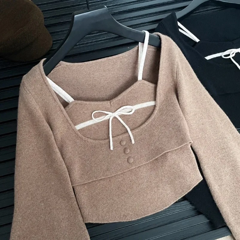 سترة نسائية جديدة من Shoujo Gir مكونة من قطعتين سترة قصيرة بأكمام طويلة ملابس تريكو محبوبة 2000s كورية Gyaru Old Money Mori