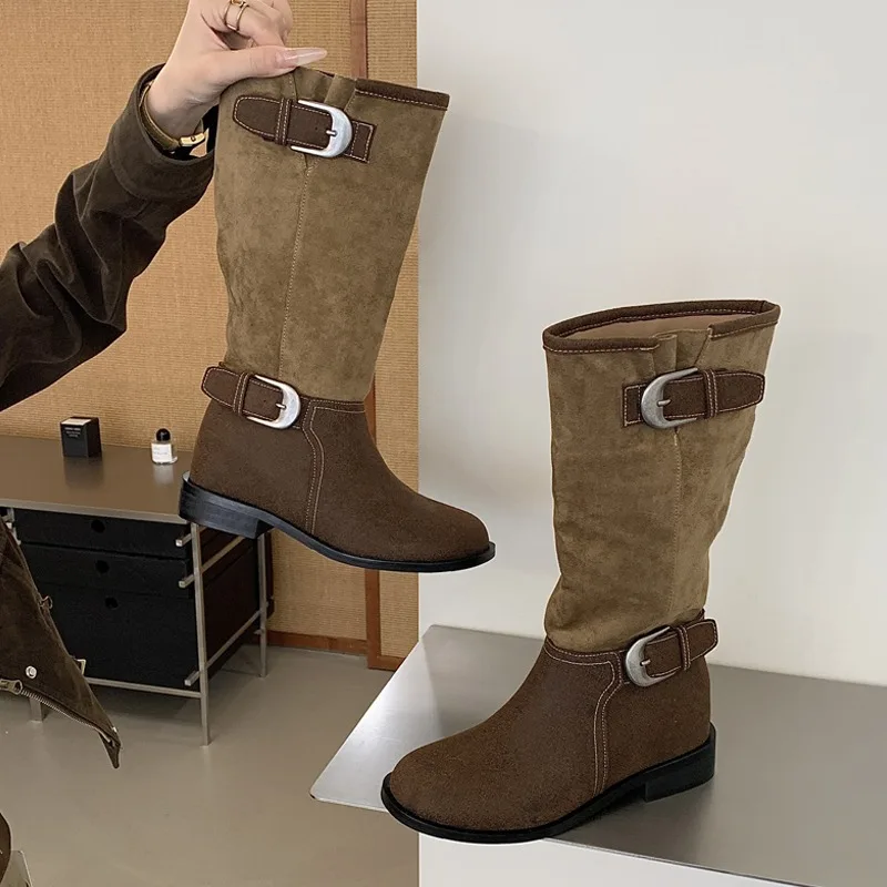 Eilyken Winter Retro Contrasting Splicing Buckle Strap Women Knee-High Boots Western Style Round Toe Square Low Heels Shoes