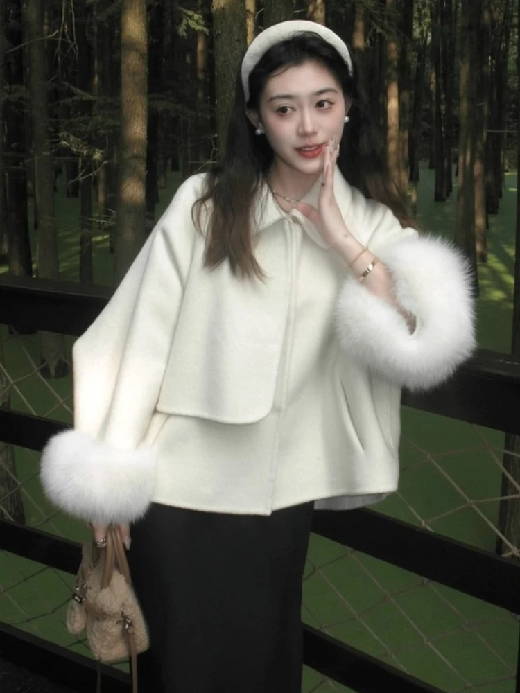 

Французское элегантное шерстяное пальто с отложным воротником и меховыми рукавами, однобортные свободные универсальные короткие накидки, женские осенние куртки