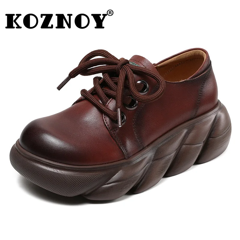 Koznoy 5.5cm Retro Cow Genuine Leather Round Toe Platform Wedge Flats Shoes Summer Spring Autumn Lace Up Mary Jane Ladies Women