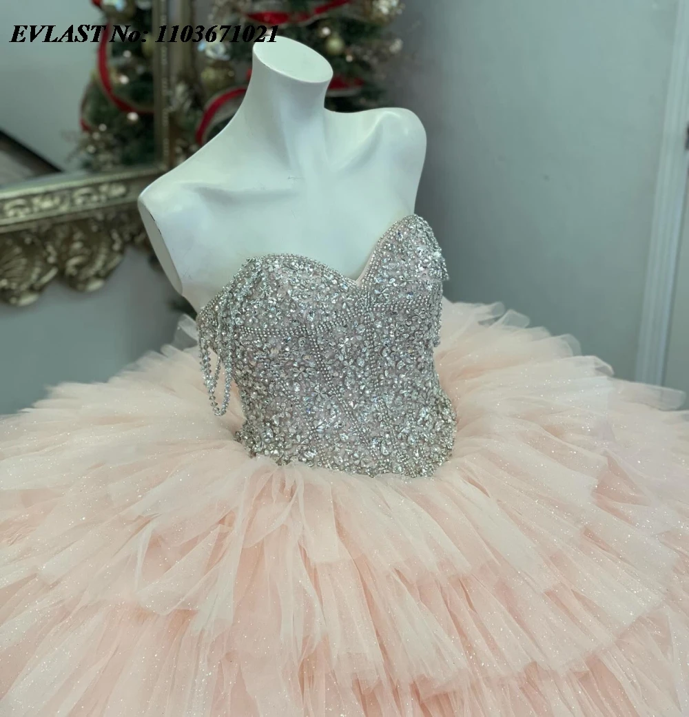 EVLAST personalizado Rosa vestido para quinceañeras vestido De baile apliques escalonados con cuentas corsé mexicano dulce 16 Vestidos De 15 Anos SQ679