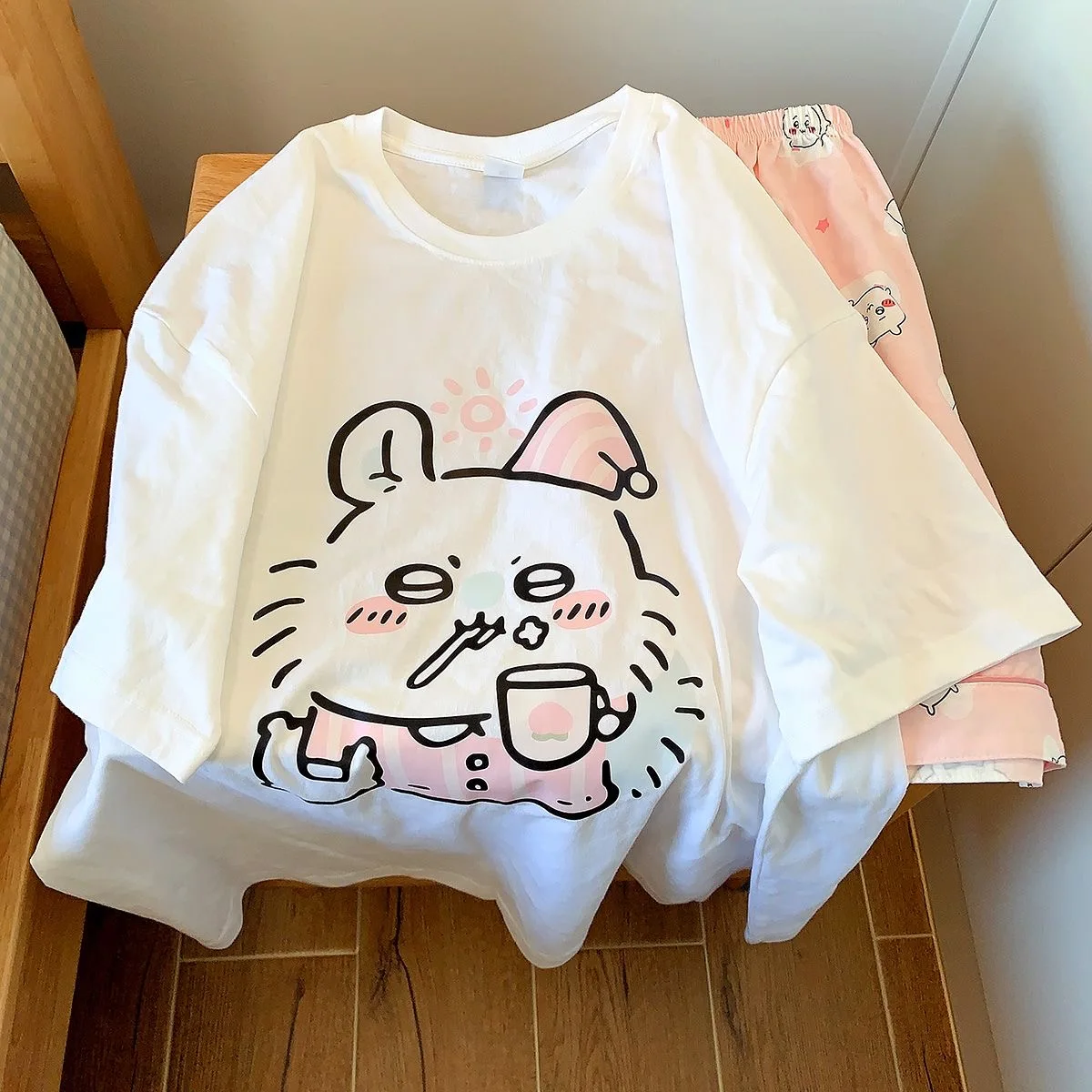 Niedlicher Chiikawa Usagi Cartoon-Print Pyjama für Mädchen, Weiche Baumwolle, Locker Sitzend, Kurz- und Langarm-Hosen-Set, Lässige Loungewear, Hauskleidung, Geschenk