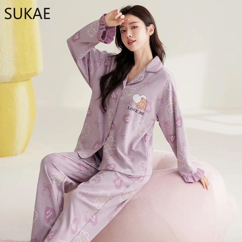 SUKAE Autumn Spring New Women Pajamas Set Turn-down Collor Faux Cotton Long Sleeves Sleepwear Leisure Pijama Lady Chic Homesuits