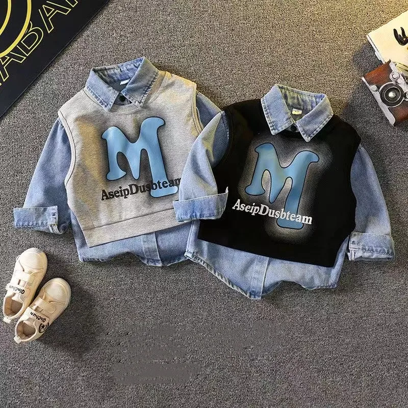 

Boys Spring 2024 New Baby Cowboy Shirt + Vest Two Piece Set for Children's Spring and Autumn Children's Wear Korean Edition