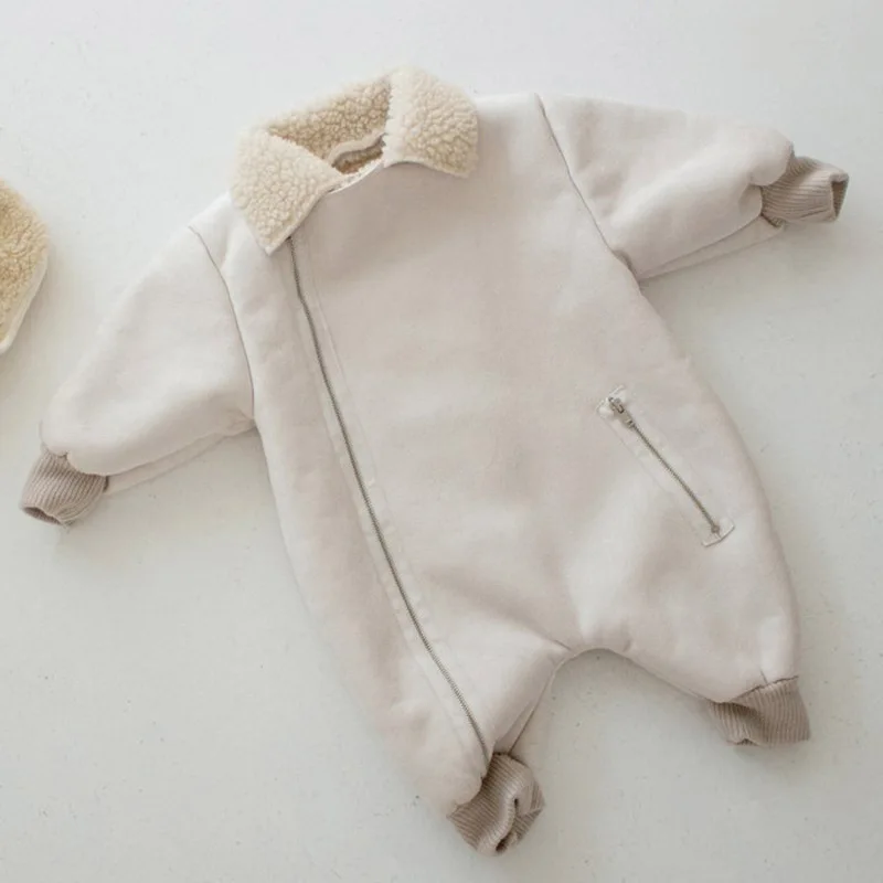 Korean Version of Winter New Jumpsuit for Baby Boys and Girls, Retro and Fashionable Suede, Thick Lamb Wool, Warm Crawling