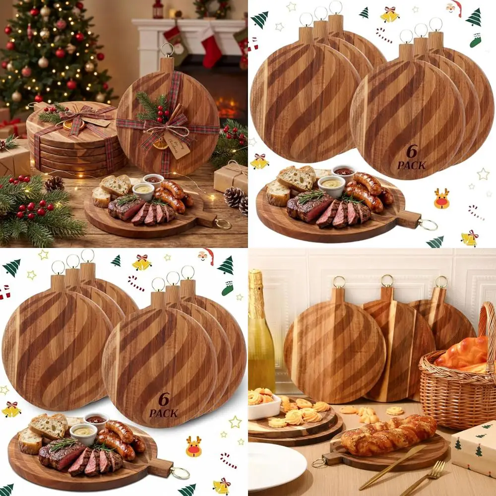 

6-Piece Acacia Wood Christmas Charcuterie Set with Candy Cane Design, 10 Inch Round Serving Board for Cheese, Bread, Pizza, Snac