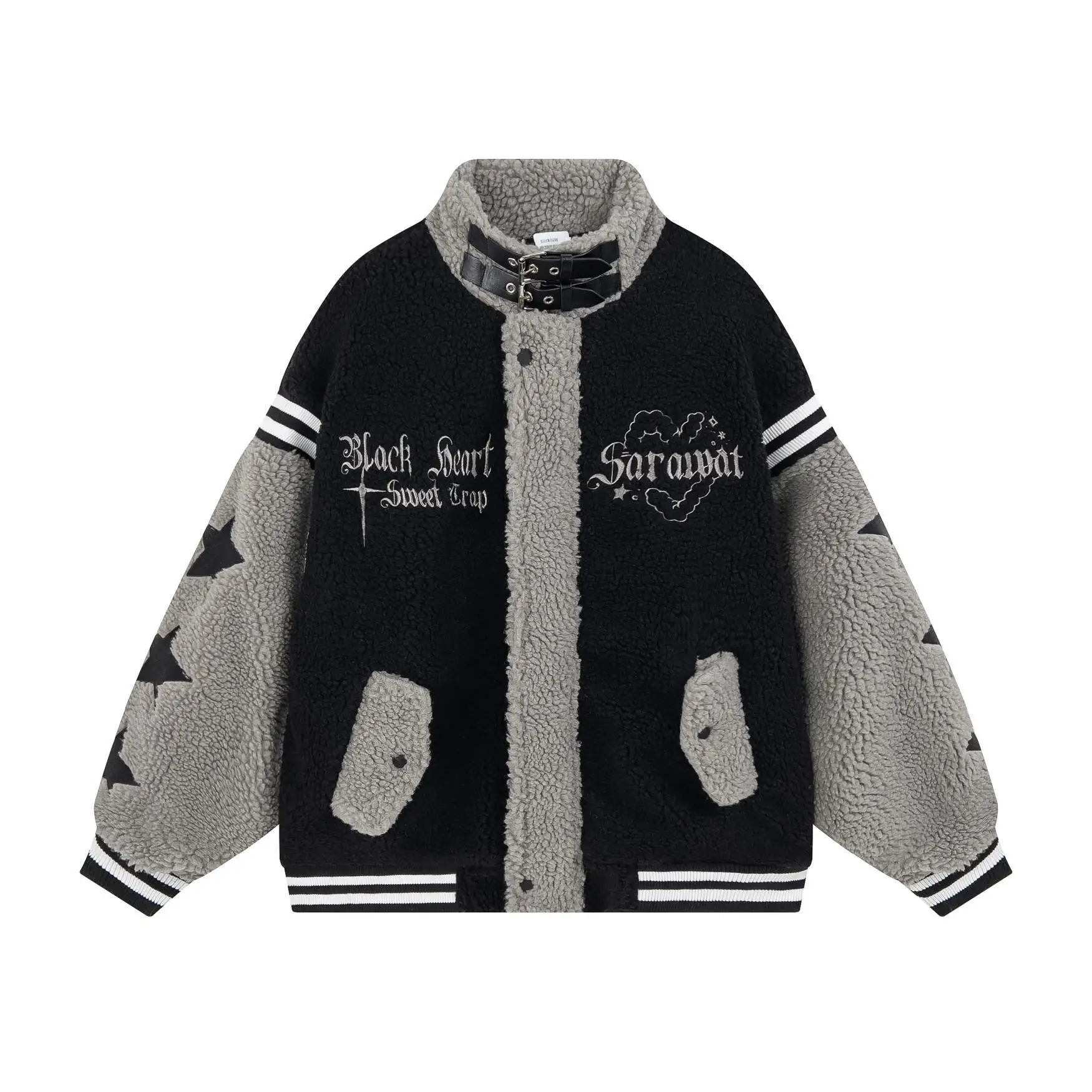 

Мужская бейсбольная куртка из овчины с вышивкой и цветными блоками, теплое мужское пальто Y2K, уличные женские зимние пальто