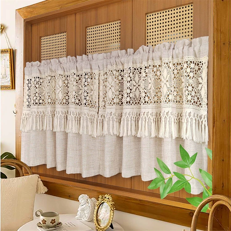 Japanese Simple Light Coffee With Beige Tassel Hollow Geometric Lace Short Curtain For Living Room Bedroom Bay Window Drapes