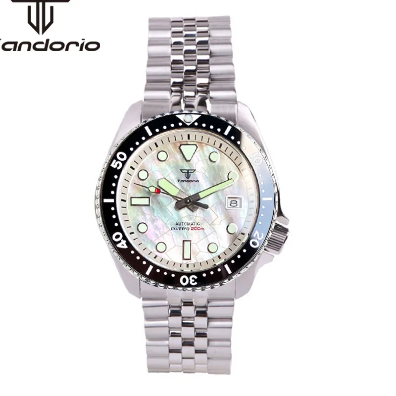 Imagem -03 - Relógio de Mergulho Automático Masculino Tandorio Mostrador Mãe de Pérola Vidro Safira Data Luminosa Aro Rotativo Fashion Nh35a 41 mm 200m