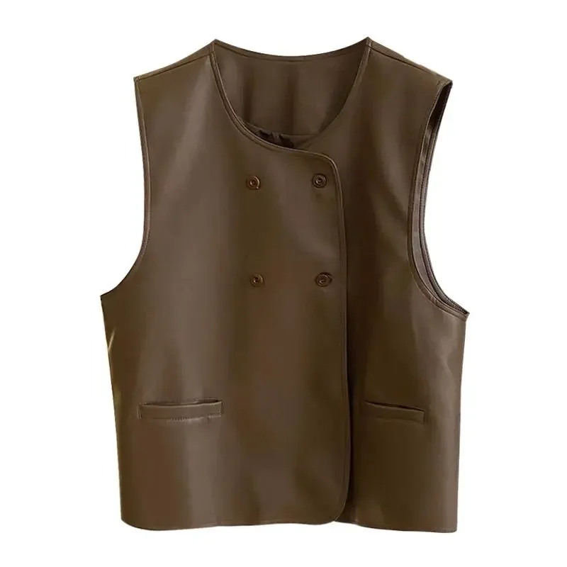 Primavera Verano Casual Retro negro abrigos chaqueta color café Color sólido doble botonadura elegancia chaleco de cuero suave cárdigan