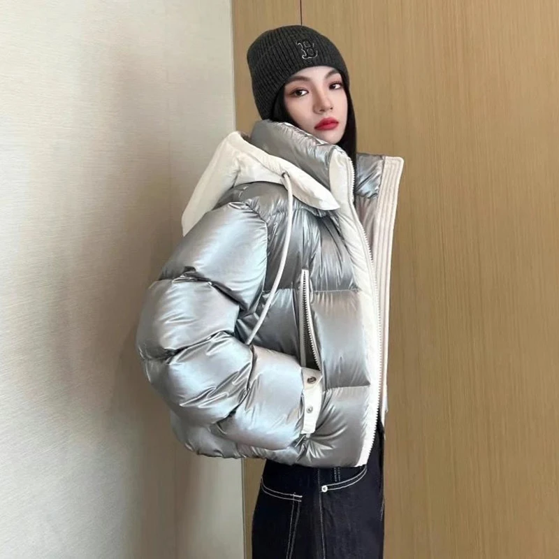 Overcoat Fashion Warm Hooded Loose Solid Color Women Down Jacket 2025 Winter White Duck Down Short Silver Women Down Jacket H251