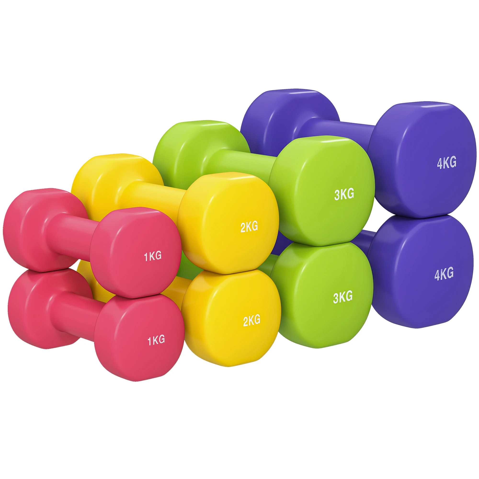 Homcom Set van 8 zeshoekige halters 4 paar 4 kg 3 kg 2 kg 1 kg met coatinggewichten voor thuisgymnastiek Veelkleurig