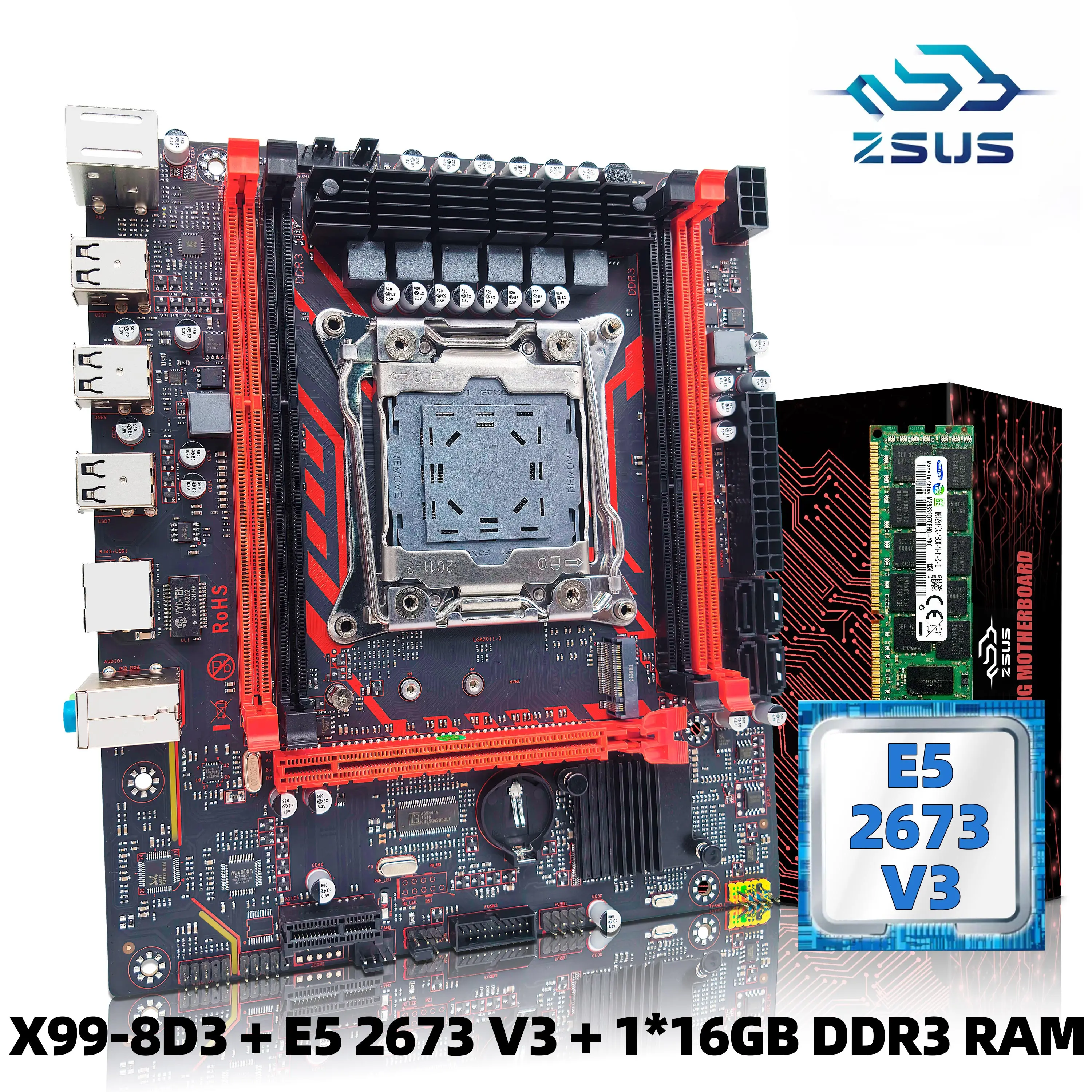 X99-8D3 ZSUS Motherboard Set Kit With Intel LGA2011-3 Xeon E5 2673 V3 CPU DDR3 1*16GB 1600MHZ ECC RAM Memory NVME M.2 SATA