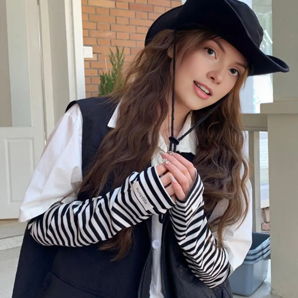 للرجال والنساء، قفازات طويلة بدون أصابع للحماية من الأشعة فوق البنفسجية، غطاء ذراع مرن لركوب الدراجات، أكمام واقية من الشمس، أكمام ذراع مخططة