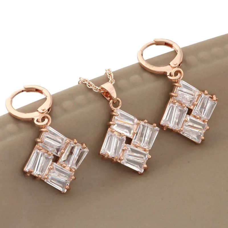 New Trend Earrings 585 Rose Gold Color Hanging Earrings Stes  Simple Geometry Natural Zircon Women Daily Fine Jewelry Sets