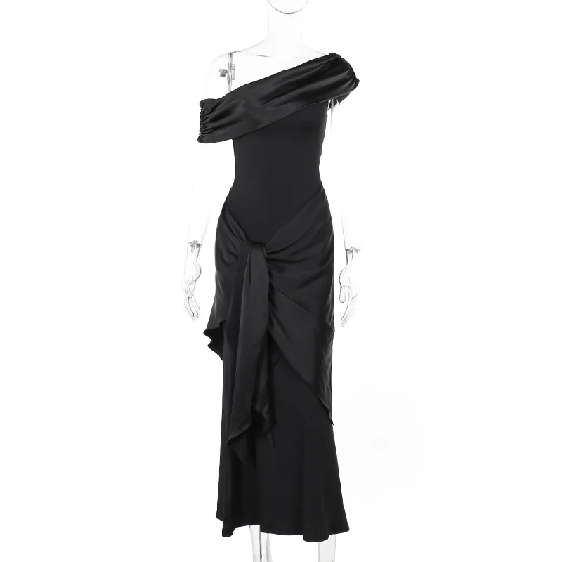 New Party Evening Dresses Elegant Black Slash Neck Maxi Dress For Women Fashion Short Sleeve Bodycon Banquet Vestidos Female