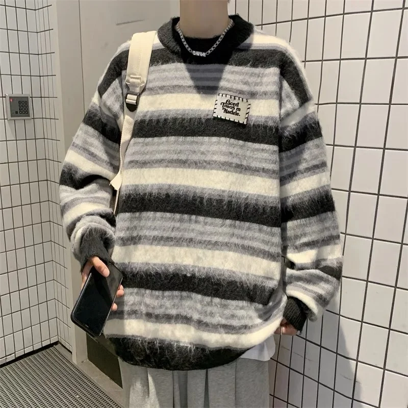 

Loose Fit Men's Knitted Sweater round Ne Winter Stripe Color Blo Casual Breathable Youthful Sle Long Sve Knitwear