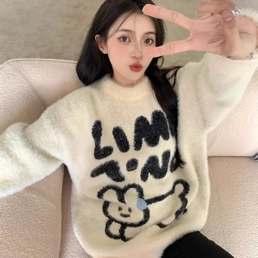 

American vintage mink sweater women's 2025 new autumn and winter couple lazy wind wear loose knitted sweater top