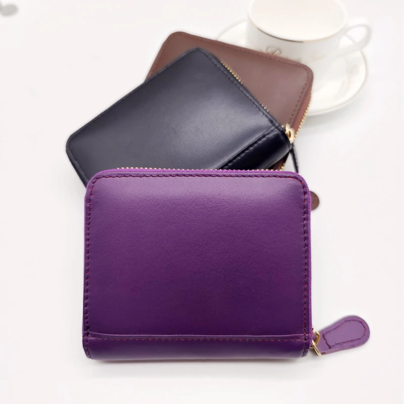 Genuine Smooth Cow Leather Short Zipper Wallet Women Unisex Cowhide ID Card Holder Coin Purse Men Fashion Money Bag Wallet Purse