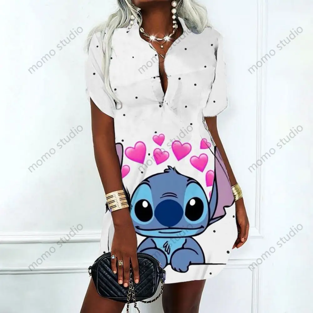 Lilo Stitch Camisas Polo Moda Disney Elegante Vestidos de Festa para As Mulheres 2023 V Pescoço Novo Sexy Y2k Mini Vestido Verão Álbum Verão