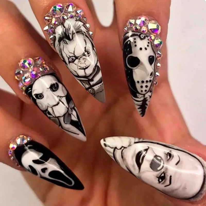 

24Pcs Long Almond Press on Nails - Rhinestone White Ghost and Horror Figure Design | Halloween Party Style