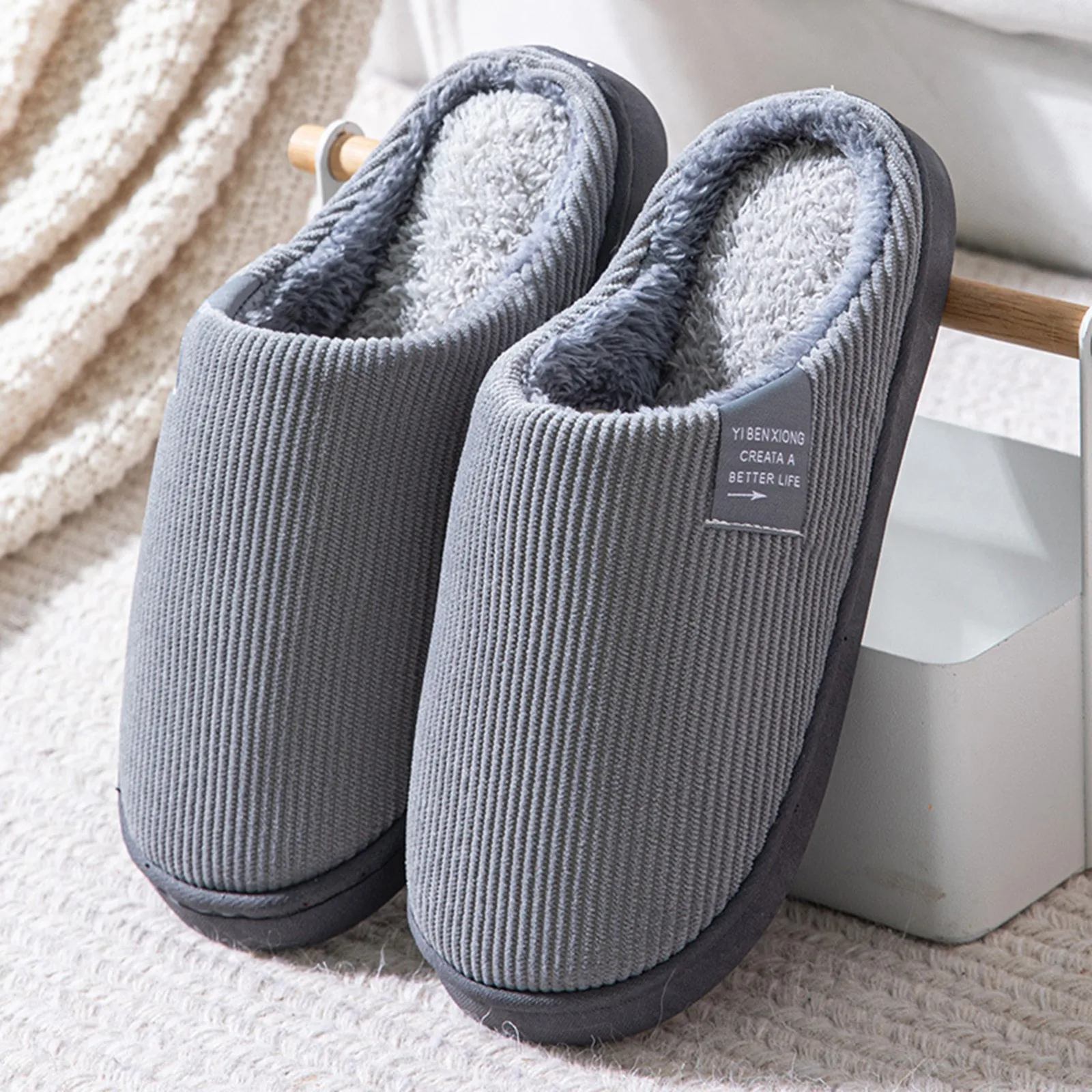 Winter Warm Fur Slippers Men Couples House Non-Slip Soft Shoes Women Comfort Flat Heel Home Indoor Bedroom Plush Slipper