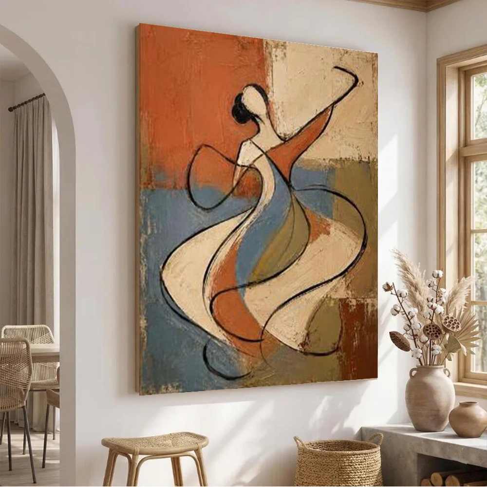 100% Handmade Abstract Oil Painting on Canvas - Dancing Girl Wall Art Decor Picture for Home Living Room Decor Image Line Mural