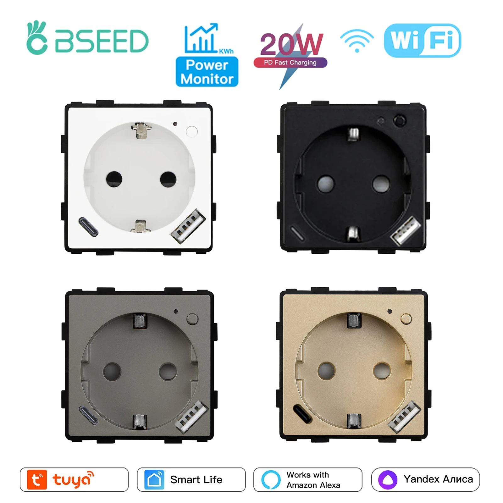 BSEED Wifi Smart Plug Type-c USB Wall EU Socket Insert Function Part Tuya Smart Life Alice Voice Control 20W AC Without Frame