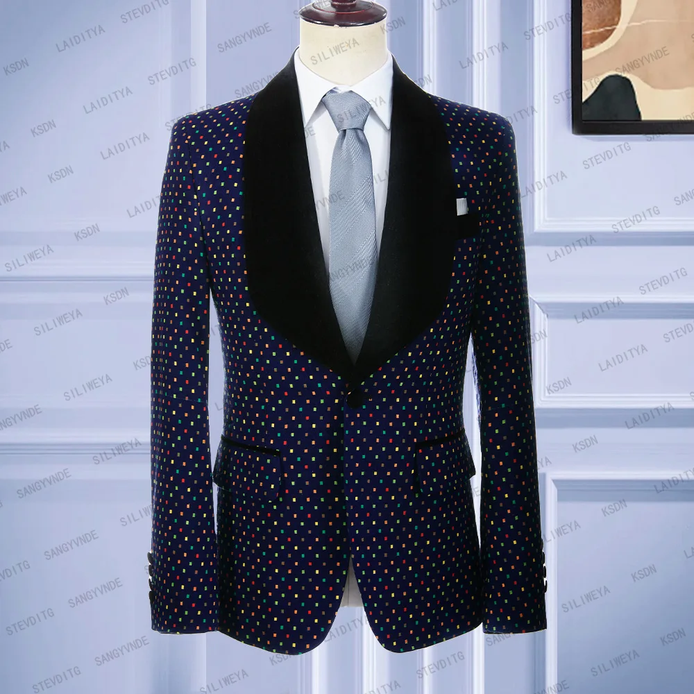 

2023 New Fashion Men Suit Slim Fit Dark Blue Linen Black Lapel Colourful Check Wedding Party Groom Tuxedo Jacket Blazers Coat