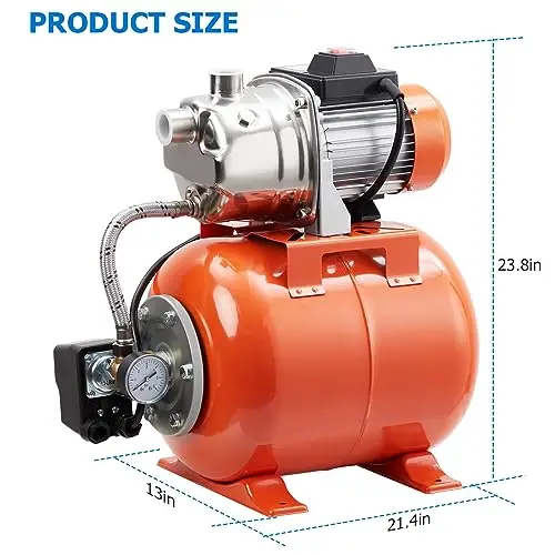 1.6HP Stainless Steel Shallow Well Water Pump With Pressure Tank, 1340 GPH, 115V Auto Switch For Lawn, Farm And Home Use