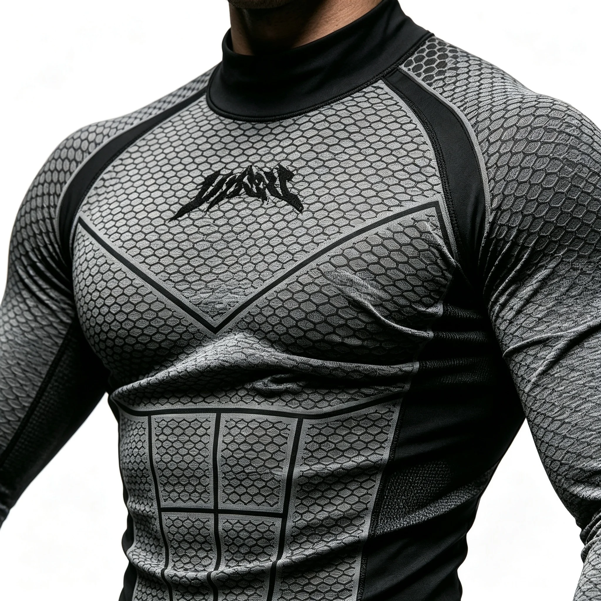 Herren Kompressions-Langarmshirt mit Halbrollkragen, Wabenmuster, schnelltrocknend, für Fitness, Training, Laufen und Sport – Detail 8