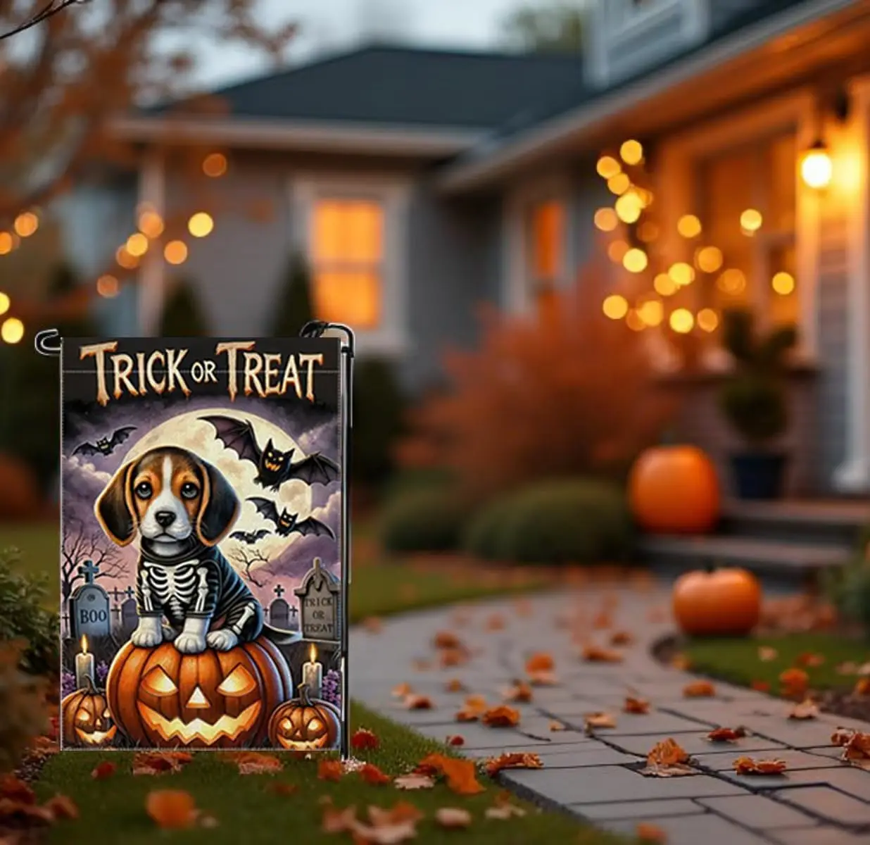 Halloween Beagle Dog Trick or Treat Garden Flags 12x18 Inch Double Sided, Burlap Outdoor Holiday Farmhouse Garden Flag Hallo KKW