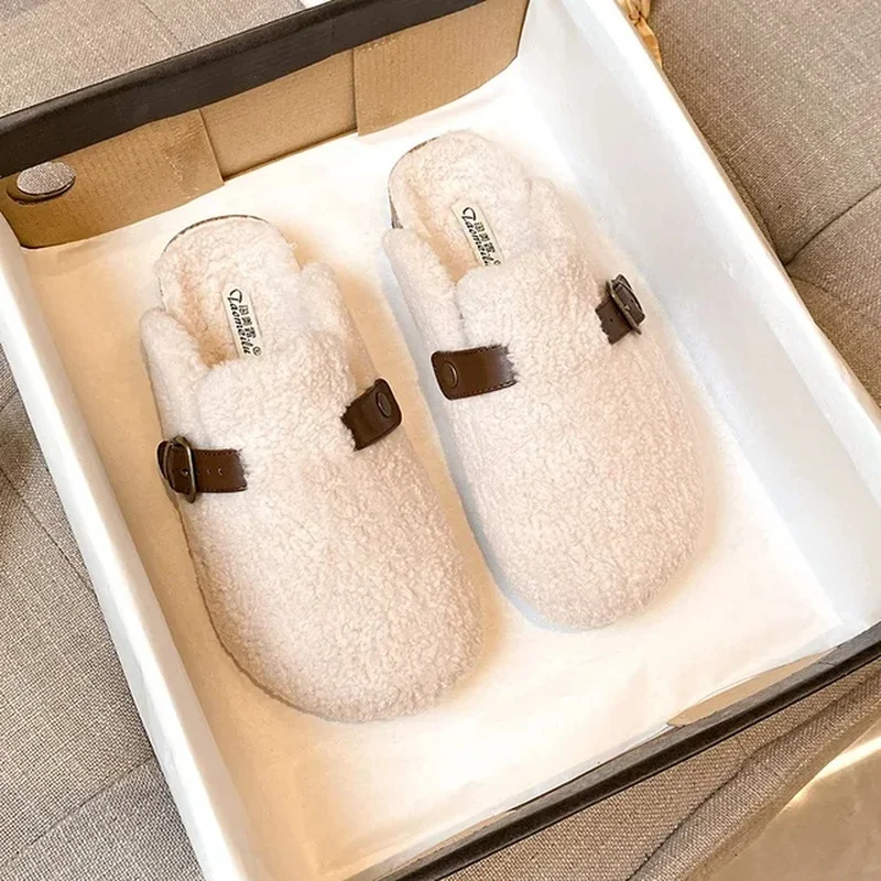 High Quality Lamb fur slippers women round toe buckle belt plush pantuflas female cork winter slides shoes woman furry slippers