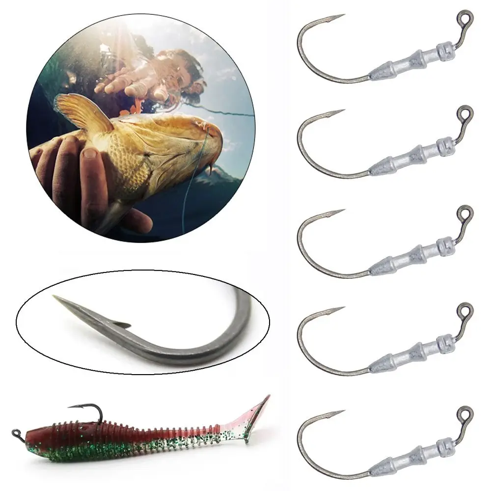 5pcs Outdoor Sports Weighted Worm Hooks Durable Anti Slip Jig Head Hooks Barbed Crank Hooks For Soft Plastics Lures