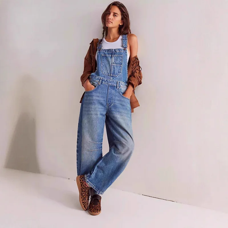 Street Style Nieuwe Gewassen Retro Loose Fit Herfst Winter Rechte Dames Cargo Jeans Met Bandjes Lange Broek Dames