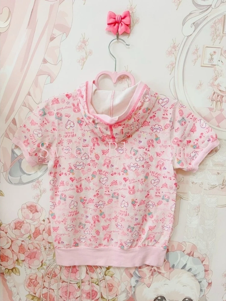 Japanese Sweet Lovely Chic Hooded Tops Women New Design Print Kawaii Short Sleeves Blouses Harajuku Y2K Slim Thin Pink Cardigan