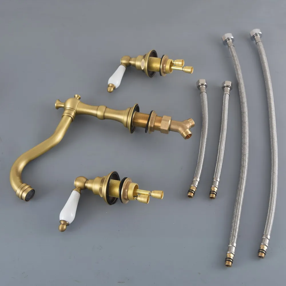 Vintage Retro Antique Brass Deck Mounted Dual Handles Widespread Bathroom 3 Holes Basin Faucet Mixer Water Taps man073